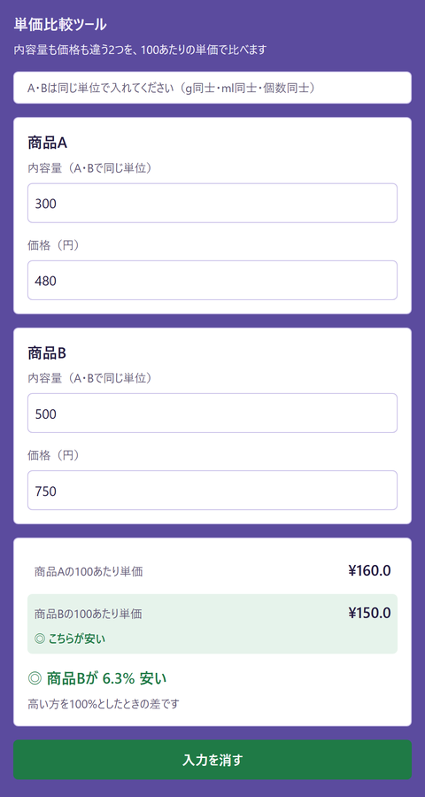 どっちが安いのか、店頭で暗算できない を解決する画面